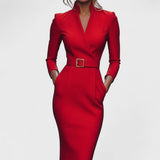 Paula – Rochie Elegantă cu Brâu și Guler Structural