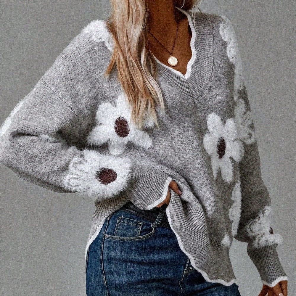 Thea | Pulover floral elegant cu decolteu în V