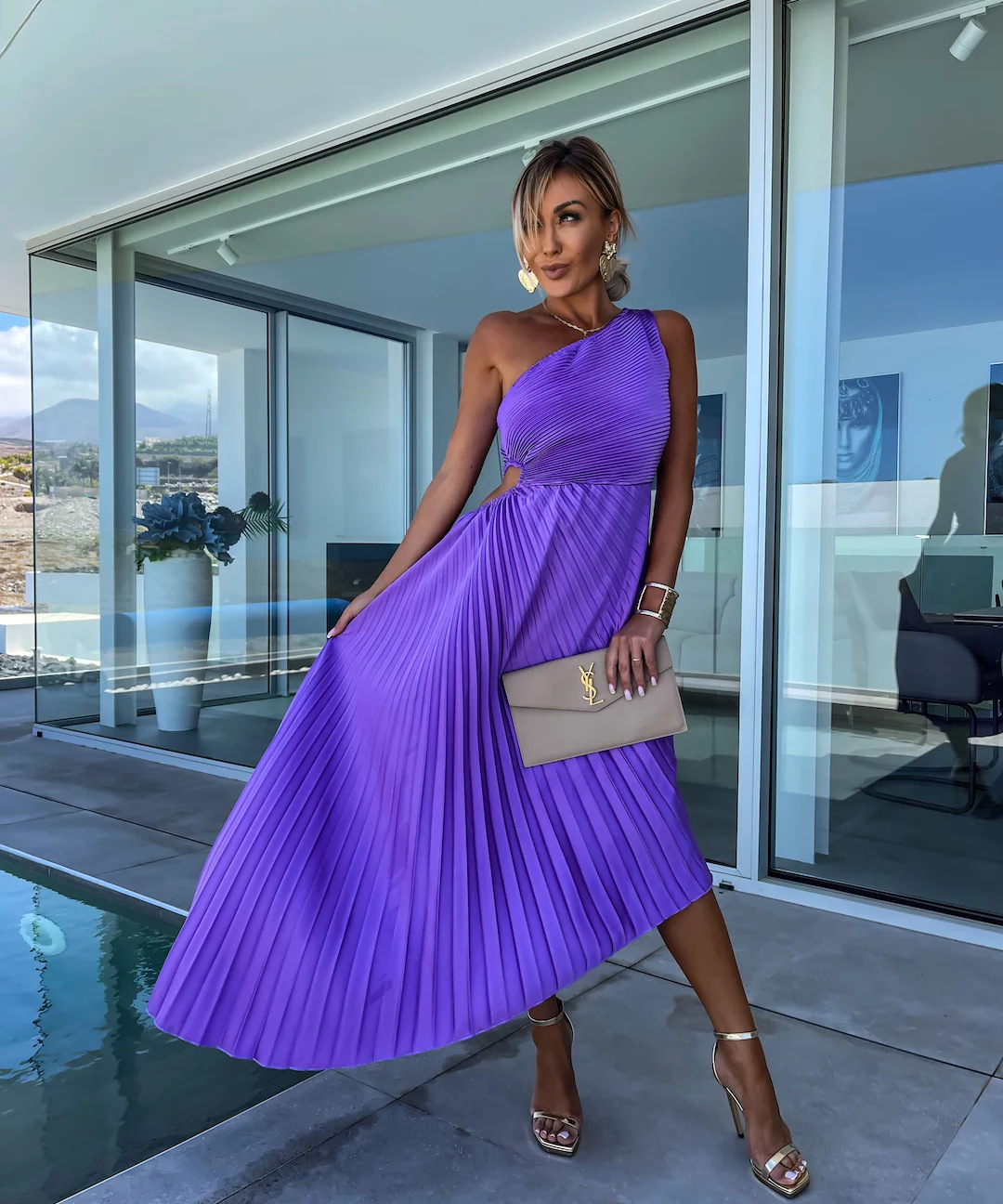 Gabriela – Rochie Maxi Plisată cu un Umăr