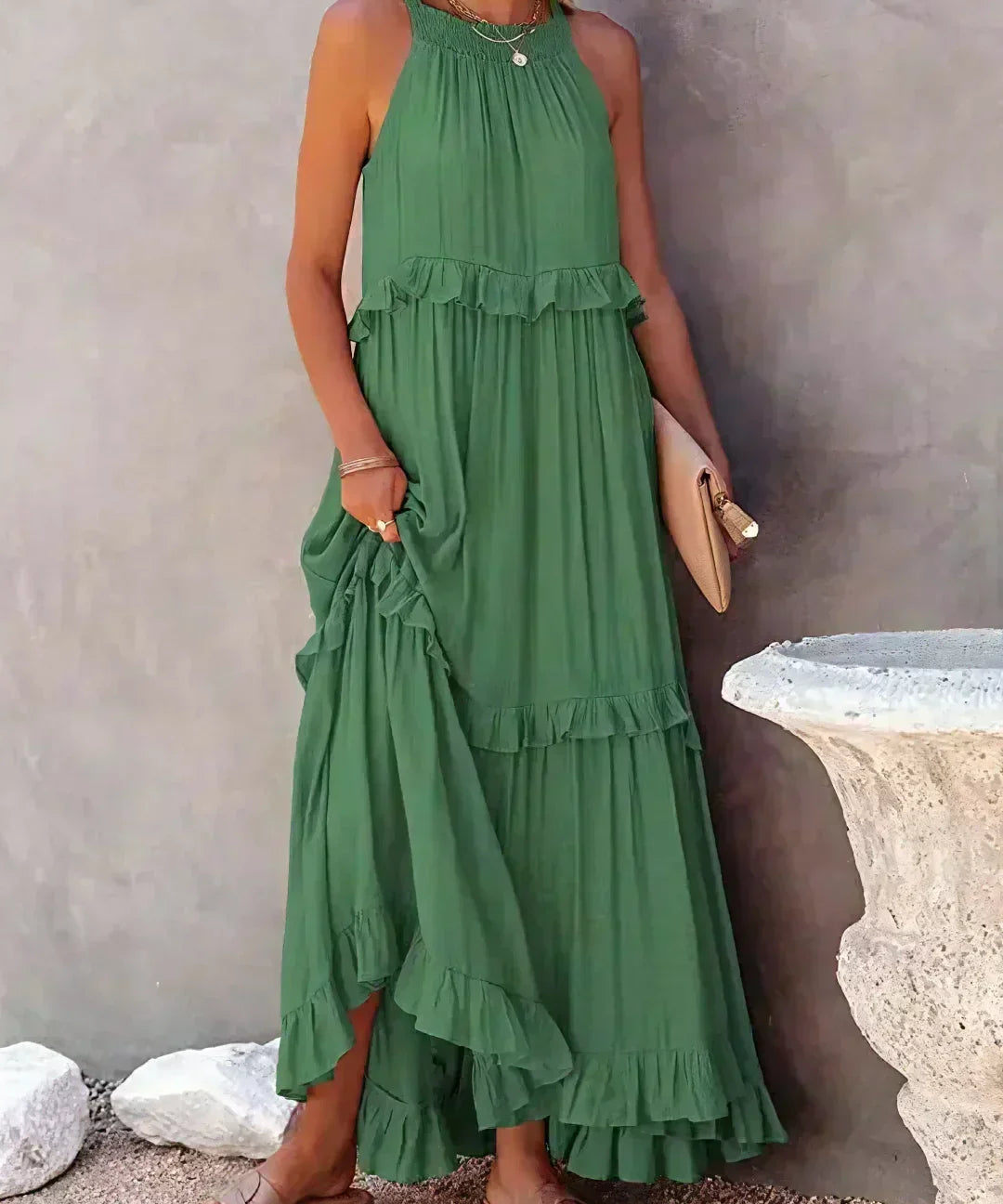 Sorina – Rochie Maxi cu Bretele și Volane