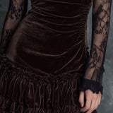 Rochie mini plisată din dantelă de catifea chocolate gothic