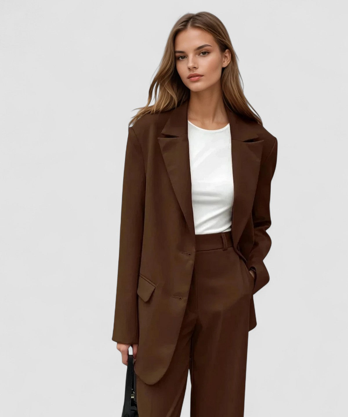 Blazer vintage mocha coordonat și pantaloni cu picioare largi