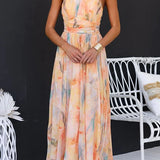 Joli | Rochie maxi cu decolteu și model acquerel