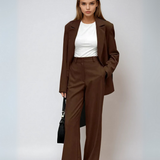 Blazer vintage mocha coordonat și pantaloni cu picioare largi