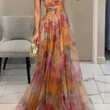 Zina – Rochie Maxi cu Imprimeu Tip Acvarelă
