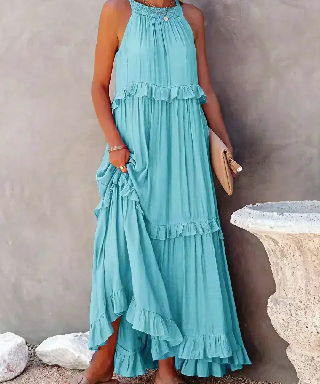 Sorina – Rochie Maxi cu Bretele și Volane