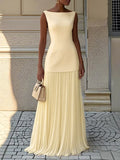 Lucia – Rochie Lungă Plisată cu Decolteu Barcă