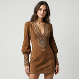 Amalia – Rochie mini vintage din suede cu broderie