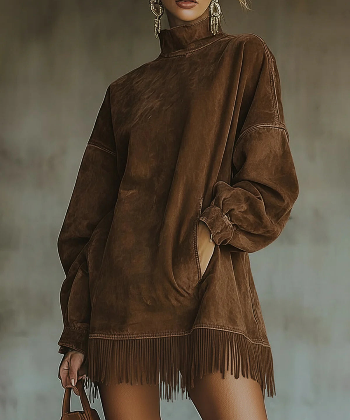 Rochie din Suede Sintetic cu Guler înalt și Dantelă