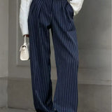 Pantaloni de birou cu pliuri și picior larg cu dungi