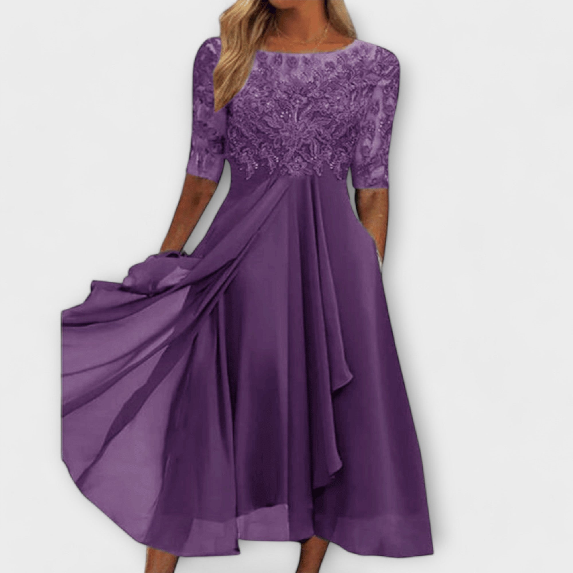 Ecaterina – Rochie Elegantă cu Corpete Bordado și Mâneci Scurte