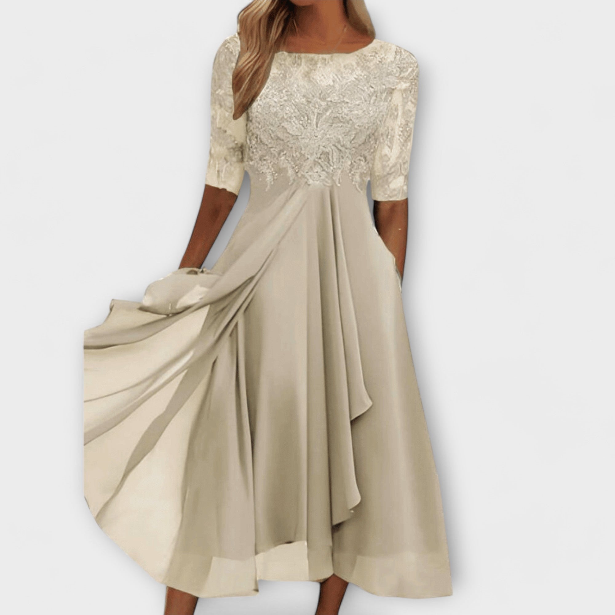 Ecaterina – Rochie Elegantă cu Corpete Bordado și Mâneci Scurte
