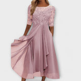 Ecaterina – Rochie Elegantă cu Corpete Bordado și Mâneci Scurte
