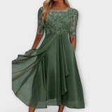 Ecaterina – Rochie Elegantă cu Corpete Bordado și Mâneci Scurte