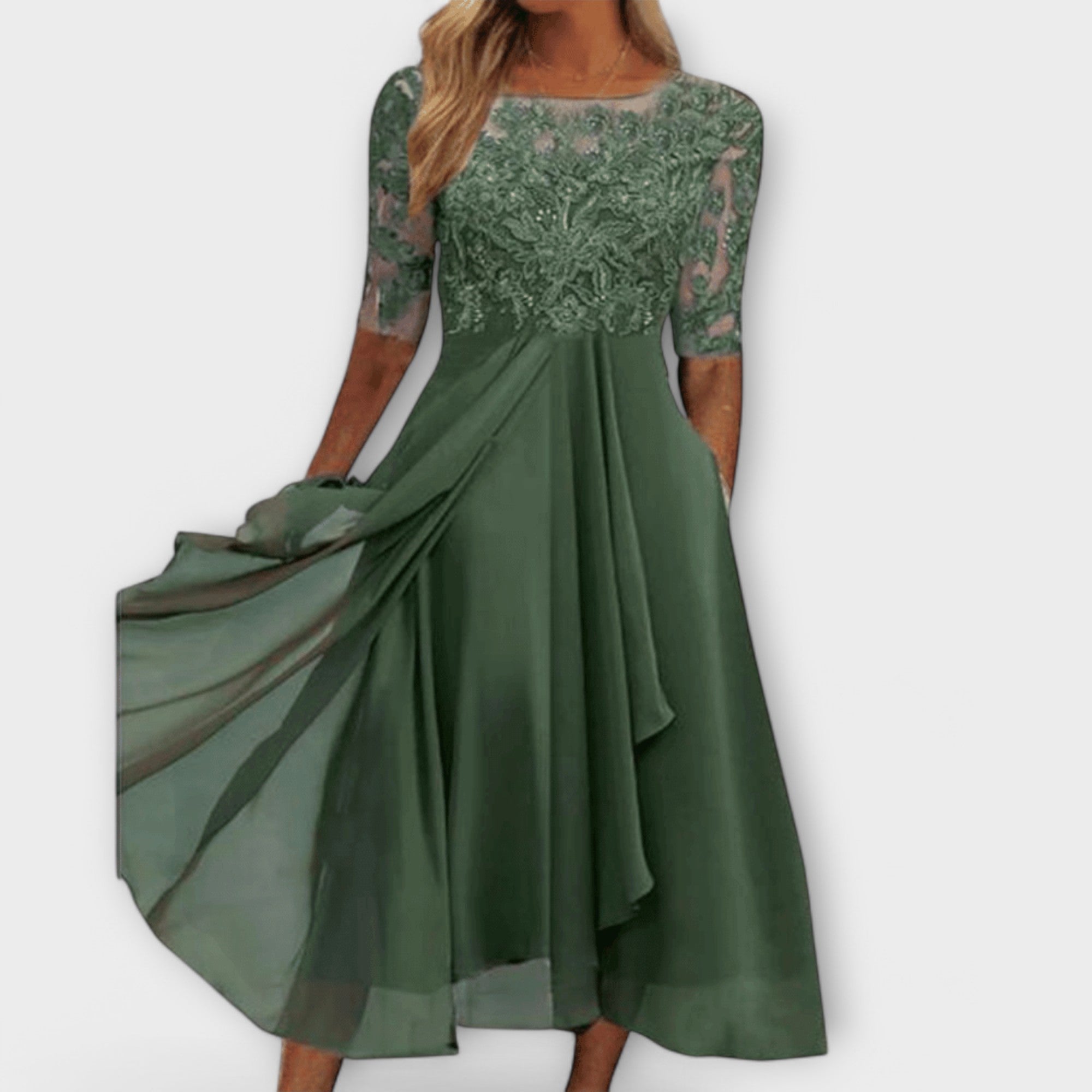 Ecaterina – Rochie Elegantă cu Corpete Bordado și Mâneci Scurte