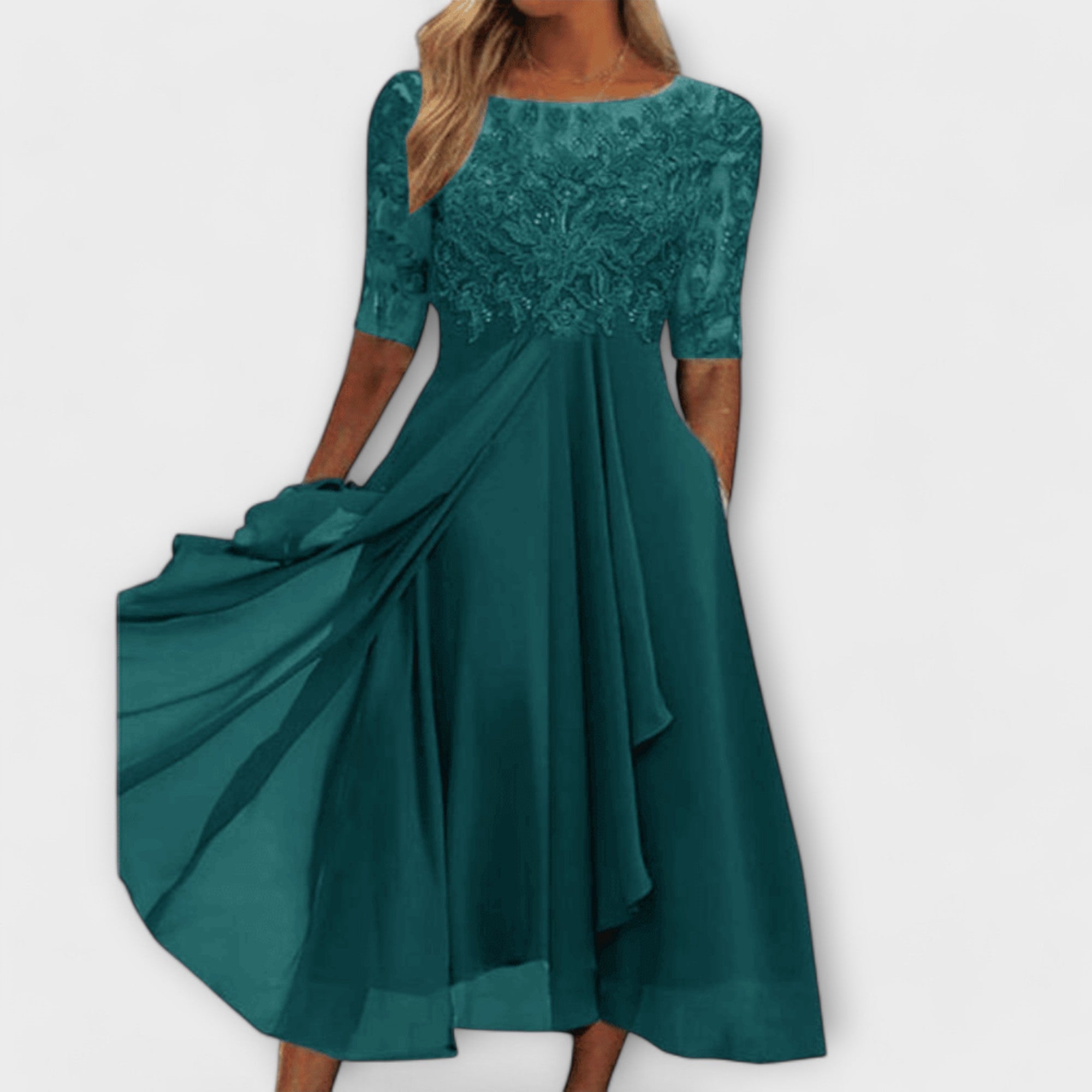 Ecaterina – Rochie Elegantă cu Corpete Bordado și Mâneci Scurte