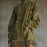 Rochie din Suede Sintetic cu Guler înalt și Dantelă