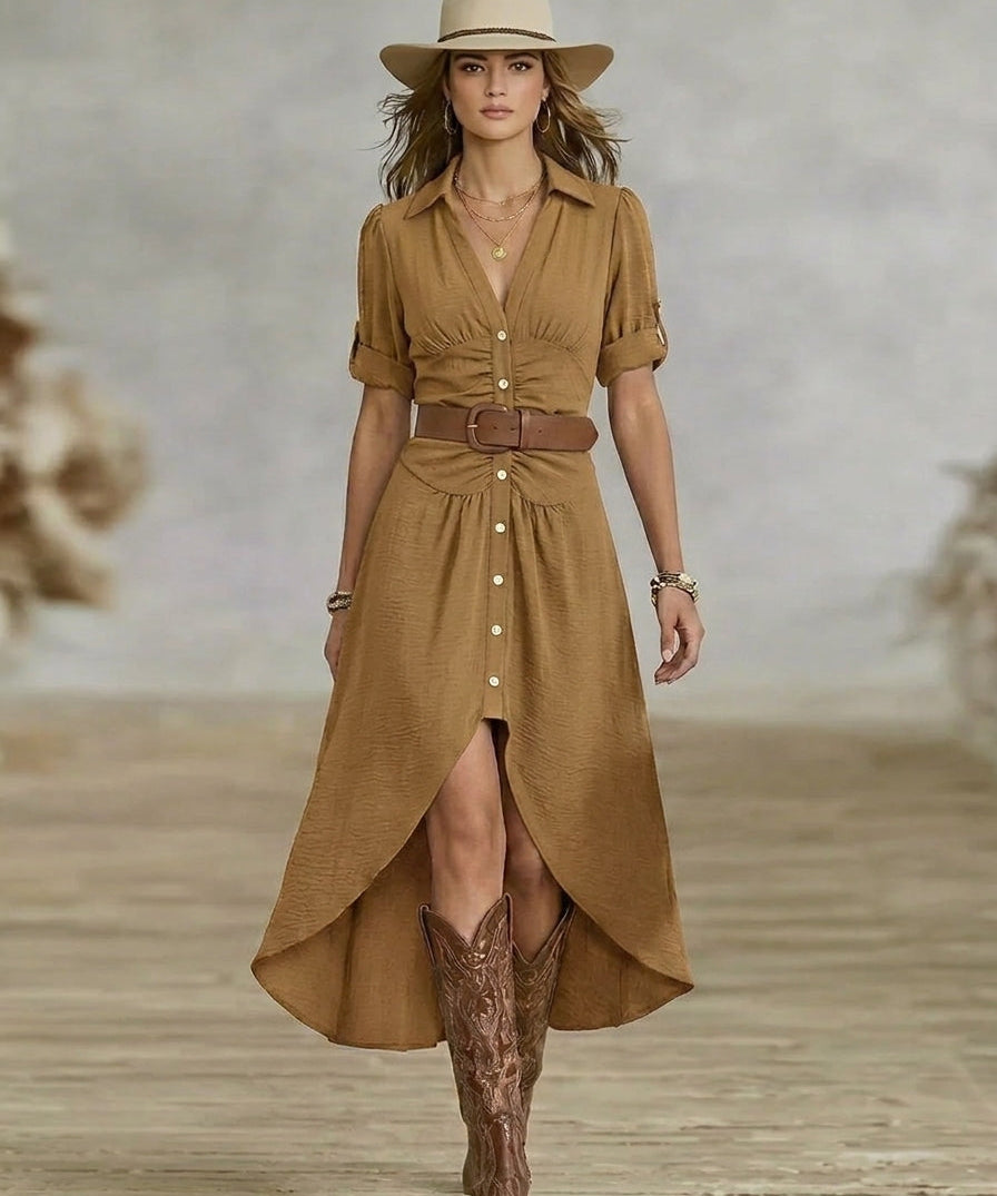 Sânziana – Rochie Maxi Western-Boho cu Curea și Nasturi Frontali