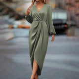 Eleganță – Rochie Damă Satinată Midi cu Decolteu în V și Mâneci Lungi