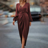 Eleganță – Rochie Damă Satinată Midi cu Decolteu în V și Mâneci Lungi