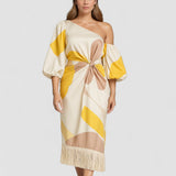 Talia – Rochie de Damă Satinată Elegantă cu Volane Asimetrice