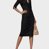 Elena – Rochie Midi cu Mâneci Scurte și Dungi Negru