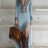 Valentina – Rochie lungă stil western cu jumătate de fermoar, broderie și franjuri