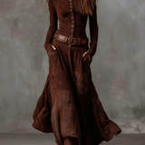 Lorena – Rochie lungă vintage din ante cu carouri bleumarin (include curea)