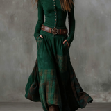Lorena – Rochie lungă vintage din ante cu carouri bleumarin (include curea)