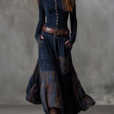 Lorena – Rochie lungă vintage din ante cu carouri bleumarin (include curea)