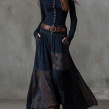 Lorena – Rochie lungă vintage din ante cu carouri bleumarin (include curea)