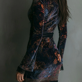 Rochie Mini Slim-fit din Catifea cu Imprimeu Floral și Dantelă la Gât