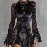 Rochie Mini din Catifea cu Print Leopard Albastru