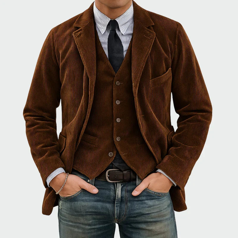 Arthur | Set Elegant Sacou + Vestă din Catifea în Dungi