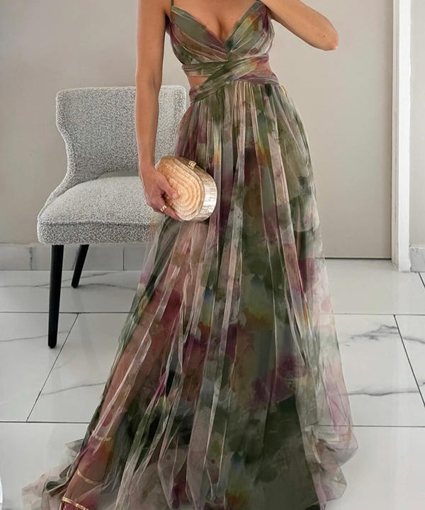 Zina – Rochie Maxi cu Imprimeu Tip Acvarelă