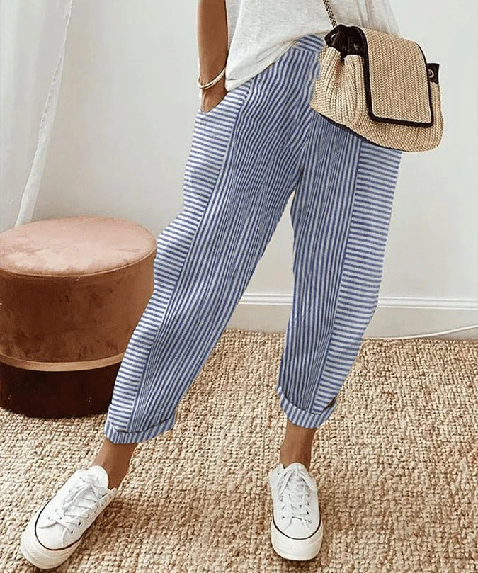 Celia | Pantaloni din Bumbac Rayat Clasic
