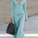 Valeria – Rochie maxi sport retro elegantă cu decolteu în V și fermoar