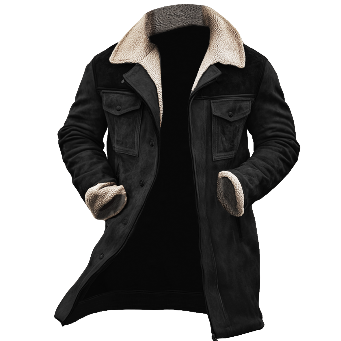 Nicolas - Jachetă vintage din suede cu patch-uri, buzunare multiple și guler ridicat