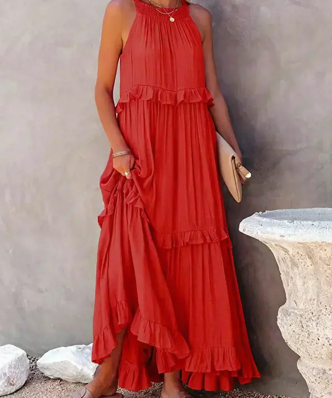 Sorina – Rochie Maxi cu Bretele și Volane