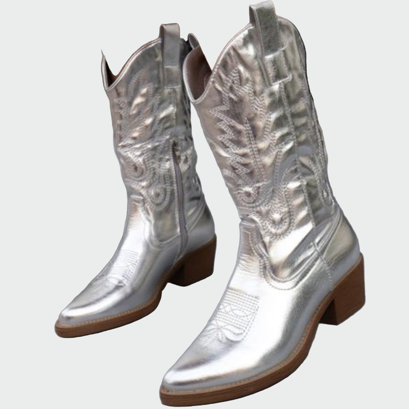 Cizme cowboy metalic – Cizme de damă, cu fermoar, cu toc mic, brodat
