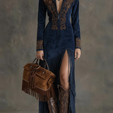 Valentina – Rochie lungă stil western cu jumătate de fermoar, broderie și franjuri