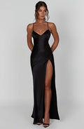 Loredana – Rochie Maxi din Satin cu Decolteu Înalt