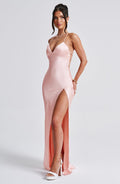 Loredana – Rochie Maxi din Satin cu Decolteu Înalt