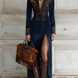 Valentina – Rochie lungă stil western cu jumătate de fermoar, broderie și franjuri