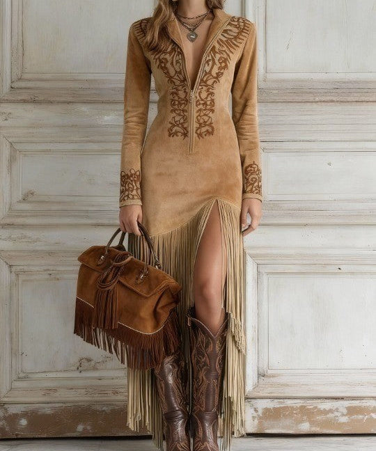 Valentina – Rochie lungă stil western cu jumătate de fermoar, broderie și franjuri