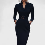 Paula – Rochie Elegantă cu Brâu și Guler Structural