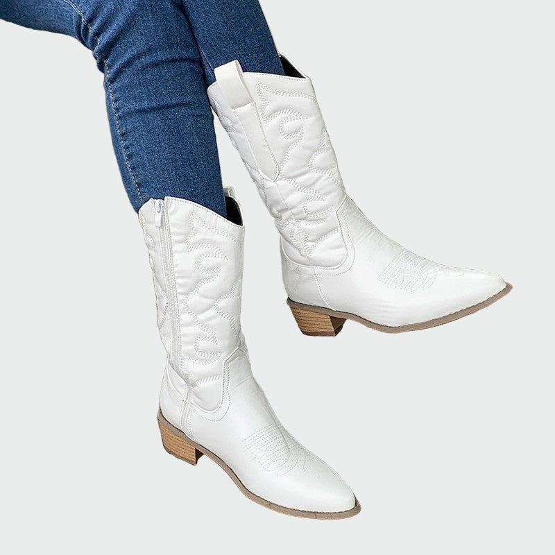Cizme cowboy metalic – Cizme de damă, cu fermoar, cu toc mic, brodat